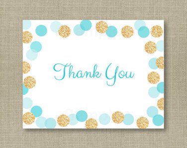 Blue & Gold Glitter Dots Thank You Card Printable #A399