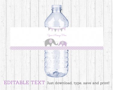 Purple Chevron Elephant Water Bottle Labels Printable Editable PDF #A184