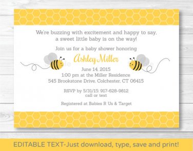 Yellow & Grey Bumble Bee Printable Baby Shower Invitation Editable PDF #A359