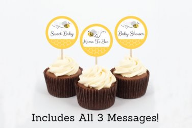 Yellow & Grey Bumble Bee Cupcake Toppers Party Favor Tags Printable #A359