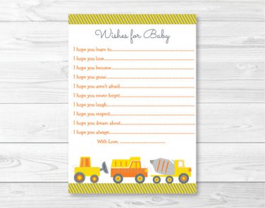 Yellow Construction Trucks Printable Baby Shower Wishes For Baby Advice Cards #A117