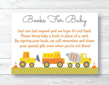 Yellow Construction Trucks Printable Baby Shower Book Request Cards #A117