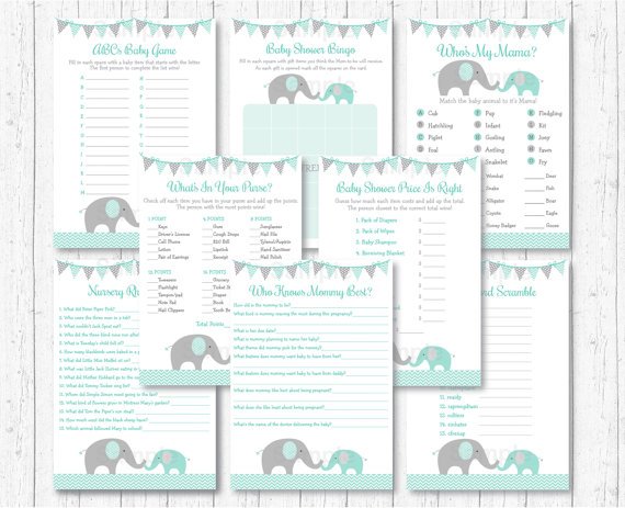 Mint Green & Grey Chevron Elephant Baby Shower Games Pack - 8 Printable Games #A375
