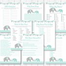 Mint Green & Grey Chevron Elephant Baby Shower Games Pack - 8 Printable Games #A375