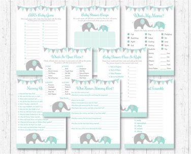 Mint Green & Grey Chevron Elephant Baby Shower Games Pack - 8 Printable Games #A375