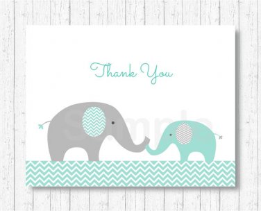 Mint Green & Grey Chevron Elephant Thank You Card Printable #A375