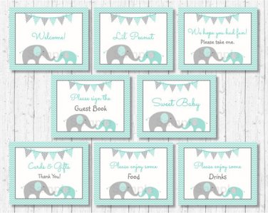 Mint Green & Grey Chevron Elephant Baby Shower Table Signs - 8 Printable Signs #A375