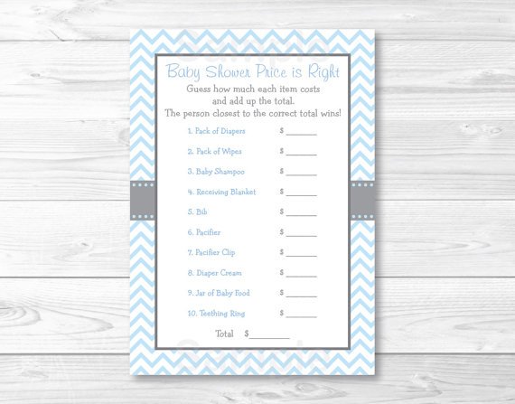 Modern Baby Blue Chevron Printable Baby Shower "Price Is Right!" Game Cards #A260