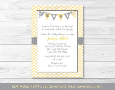 Modern Yellow Chevron Printable Baby Shower Invitation Editable PDF #A356