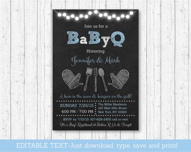 Blue Chalkboard BaByQ Coed BBQ Printable Baby Shower Invitation Editable PDF #A402