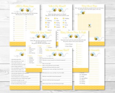 Bumble Bee Yellow & Blue Baby Shower Games Pack - 8 Printable Games #A134