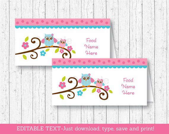Pink Woodland Owl Buffet Tent Cards & Place Cards Editable PDF #A162