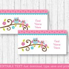Pink Woodland Owl Buffet Tent Cards & Place Cards Editable PDF #A162