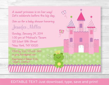 Princess Frog Pink Castle Printable Baby Shower Invitation Editable PDF #A209