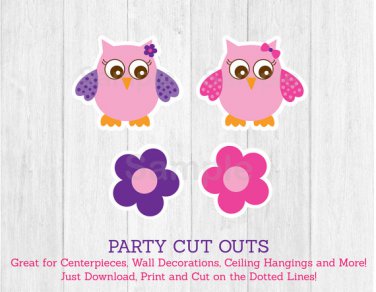 Pink & Purple Owl Party Cutouts Decorations Printable #A133