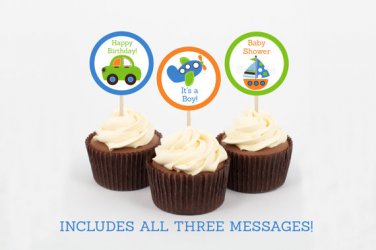 Transportation Vehicles Car Sailboat Cupcake Toppers Party Favor Tags Printable #A111