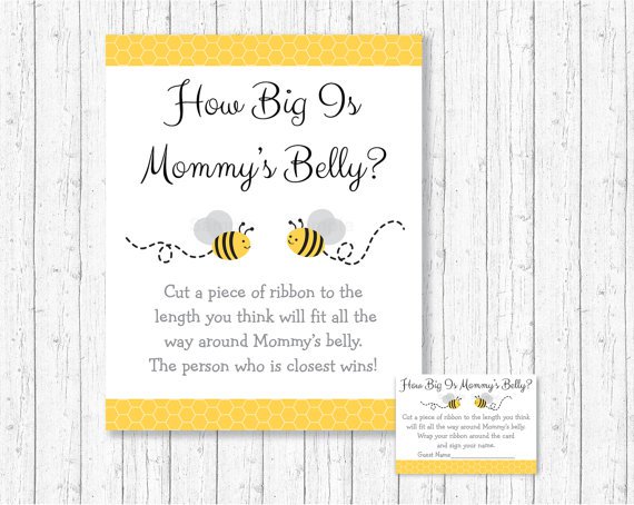 Yellow & Grey Bumble Bee Gender Neutral How Big Is Mommys Belly Baby Shower Game #A359