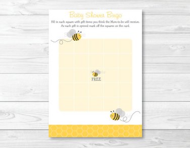 Yellow & Grey Bumble Bee Gender Neutral Printable Baby Shower Bingo Cards #A359