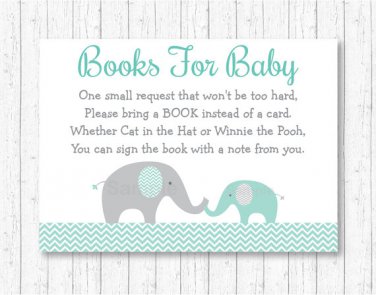 Mint Green & Grey Chevron Elephant Printable Baby Shower Book Request Cards #A375