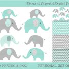 Mint Green & Grey Chevron Elephant Chevron Pattern Clipart & Digital Paper #A375