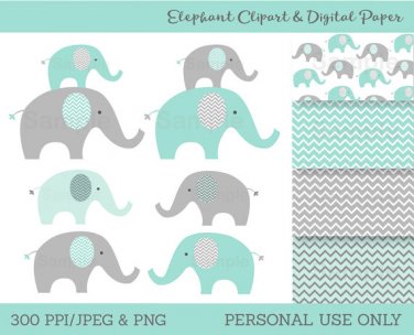 Mint Green & Grey Chevron Elephant Chevron Pattern Clipart & Digital Paper #A375