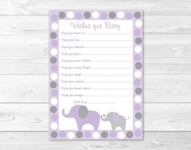 Lavender Polka Dot Elephant Printable Baby Shower Wishes For Baby Advice Cards #A242