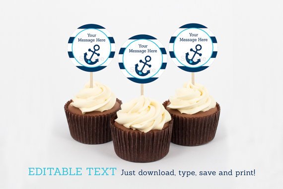 Nautical Anchor Cupcake Toppers Party Favor Tags Editable PDF #A222
