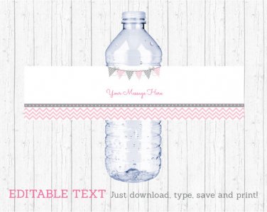 Modern Pink Chevron Water Bottle Labels Printable Editable PDF #A127