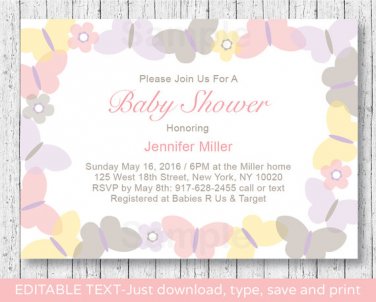 Mod Pastel Butterflies Printable Baby Shower Invitation Editable PDF #A405