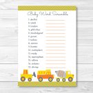 Yellow Construction Trucks Printable Baby Shower "Baby Word Scramble" Game Cards #A117