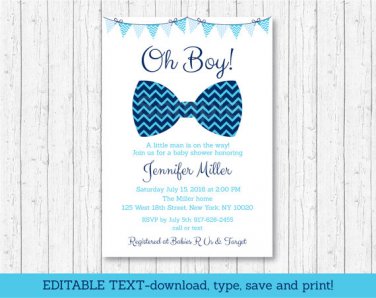 Little Man Chevron Bow Tie Oh Boy Printable Baby Shower Invitation Editable PDF #A369