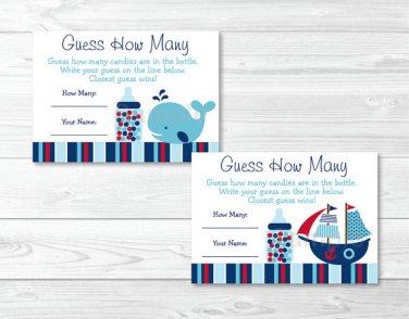 Pirate Ship Nautical Whale Printable Baby Shower "Guess How Many?" Game Cards #A287