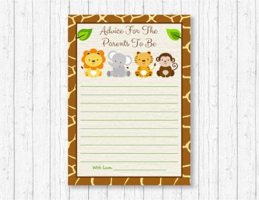 Cute Jungle Safari Animals Printable Baby Shower Mommy Advice Cards #A398