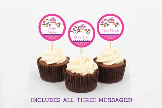 Girl Owl Blossom Pink & Purple Printable Cupcake Toppers Party Favor Tags #A133