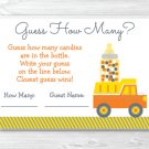 Yellow Construction Trucks Printable Baby Shower "Guess How Many?" Game Cards #A117
