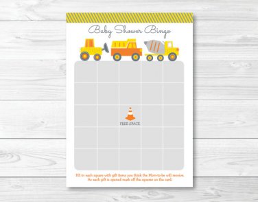 Yellow Construction Trucks Printable Baby Shower Bingo Cards #A117