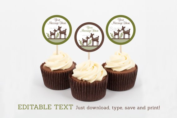 Woodland Deer Gender Neutral Cupcake Toppers Party Favor Tags Editable PDF #A131