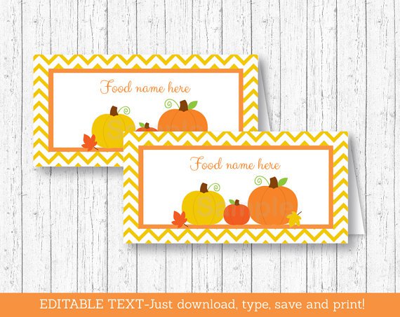Pumpkin Chevron Gender Neutral Buffet Tent Cards & Place Cards Editable PDF #A400