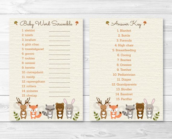Woodland Forest Animals Printable Baby Shower "Baby Word Scramble" Game Cards #A191