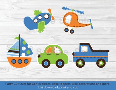 Transportation Vehicles Car Sailboat Plane Printable Party Cutouts Decorations #A111
