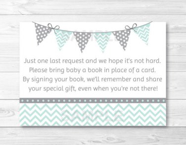 Mint Green & Grey Chevron Printable Baby Shower Book Request Cards #A364