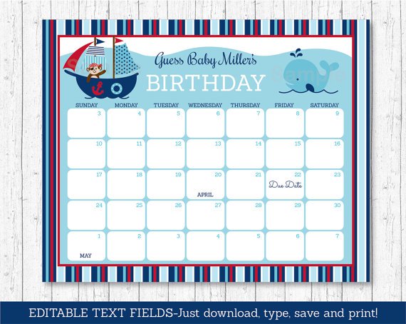 Pirate Monkey Nautical Whale Printable Baby Due Date Calendar Editable PDF #A287