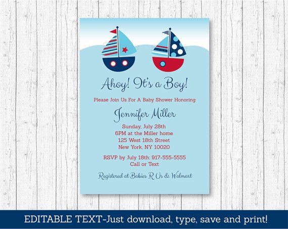 Sailboat Ahoy Its A Boy Printable Baby Shower Invitation Editable PDF #A407