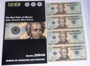U.S. 2004 $20 FEDERAL RESERVE NOTE UNCUT SHEET + ~BONUS