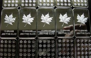 FIVE - 10 GRAM .999 SILVER CLAD MAPLE LEAF GEM ART BARS