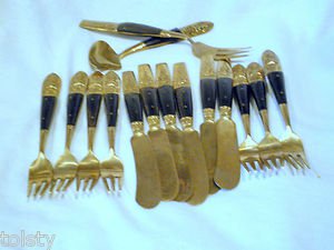 Vintage flat ware set, Thailand, Rosewood and brass forks, knives 15 items