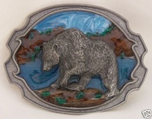 GRIZZLY BEAR HUNTING BELT BUCKLE BY SISKIYOU..PEWTER...
