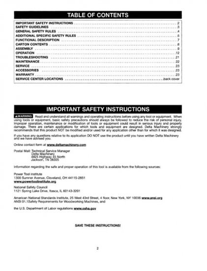 Delta DC-380 15 Inch Planer Manual Instructions & Parts