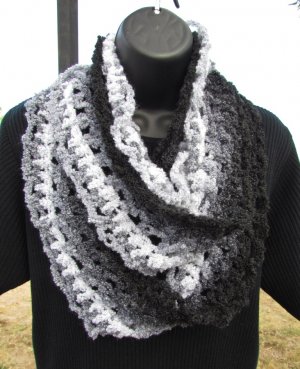 Free Shipping Black, Grey, White Eternity Scarf (Infinity, Loop Scarf) Crocheted by Hand NEW
