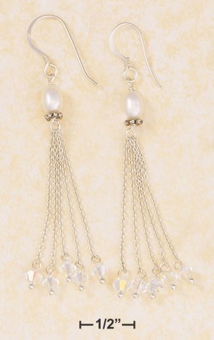 SILVER HP DANGLE EARRINGS W/ OVAL PEARL, 4 CHAINS/CRYSTALS